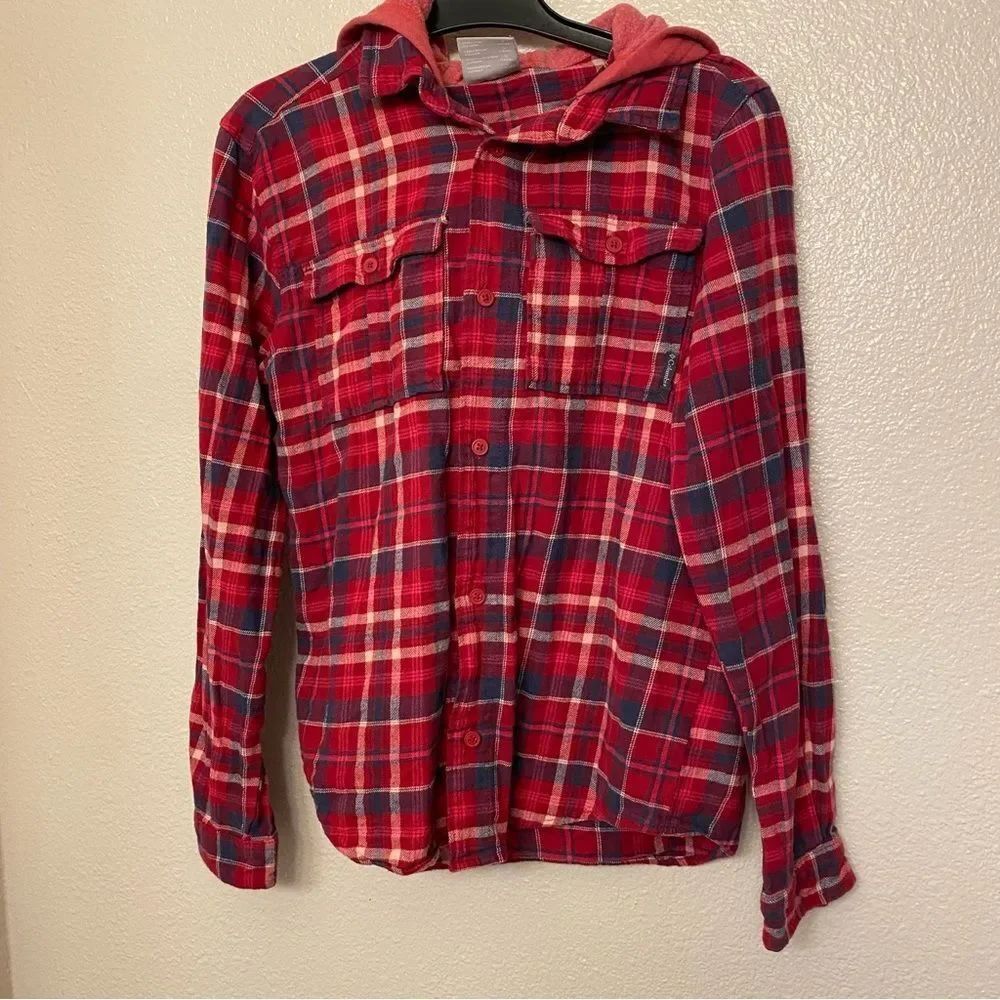 Columbia red Plaid Button Down flannel with Hood Hoodie Shirt youth L 14/16